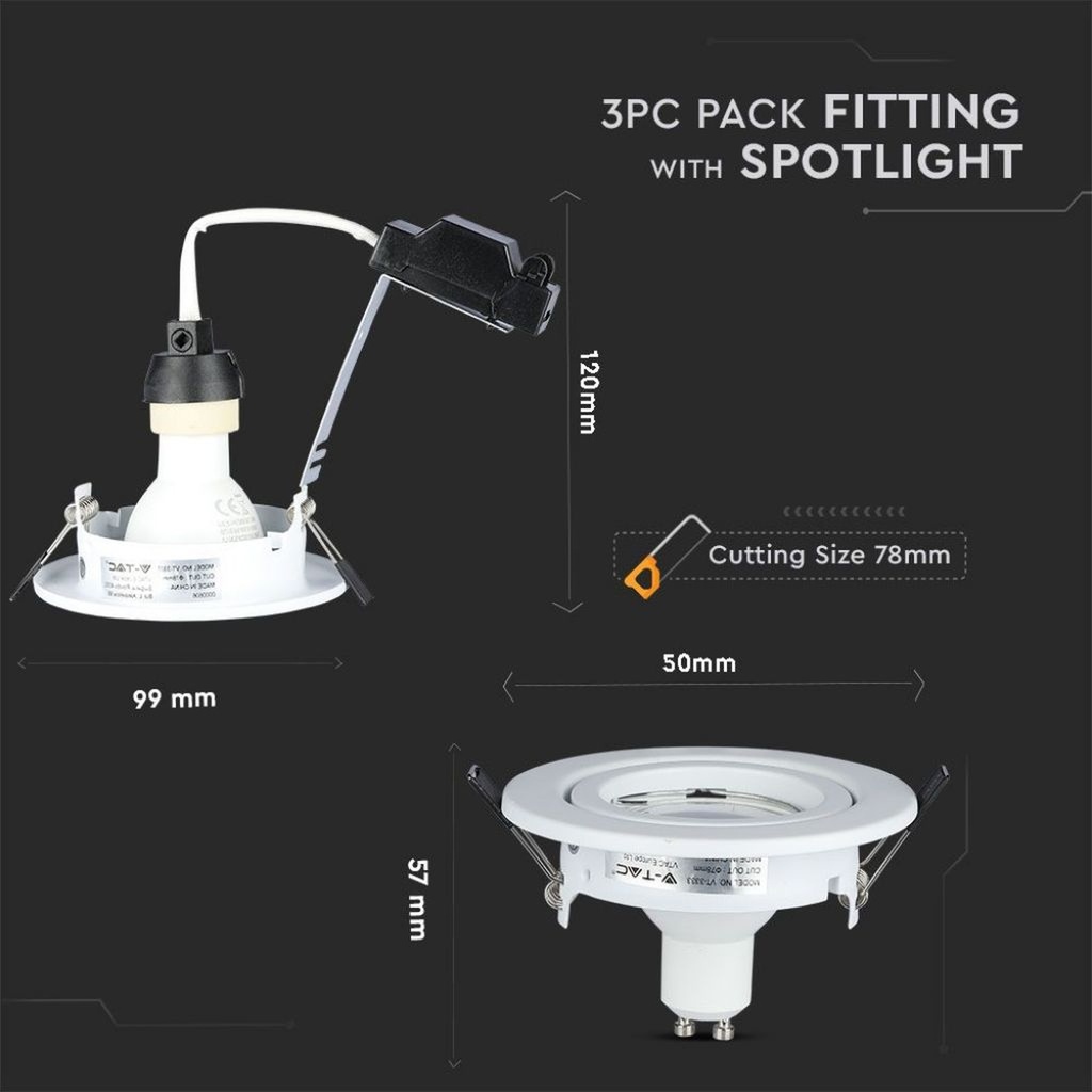 3 PZ Portafaretto LED da Incasso Rotondo con Faretto GU10 5W, Bianco - FP8881N