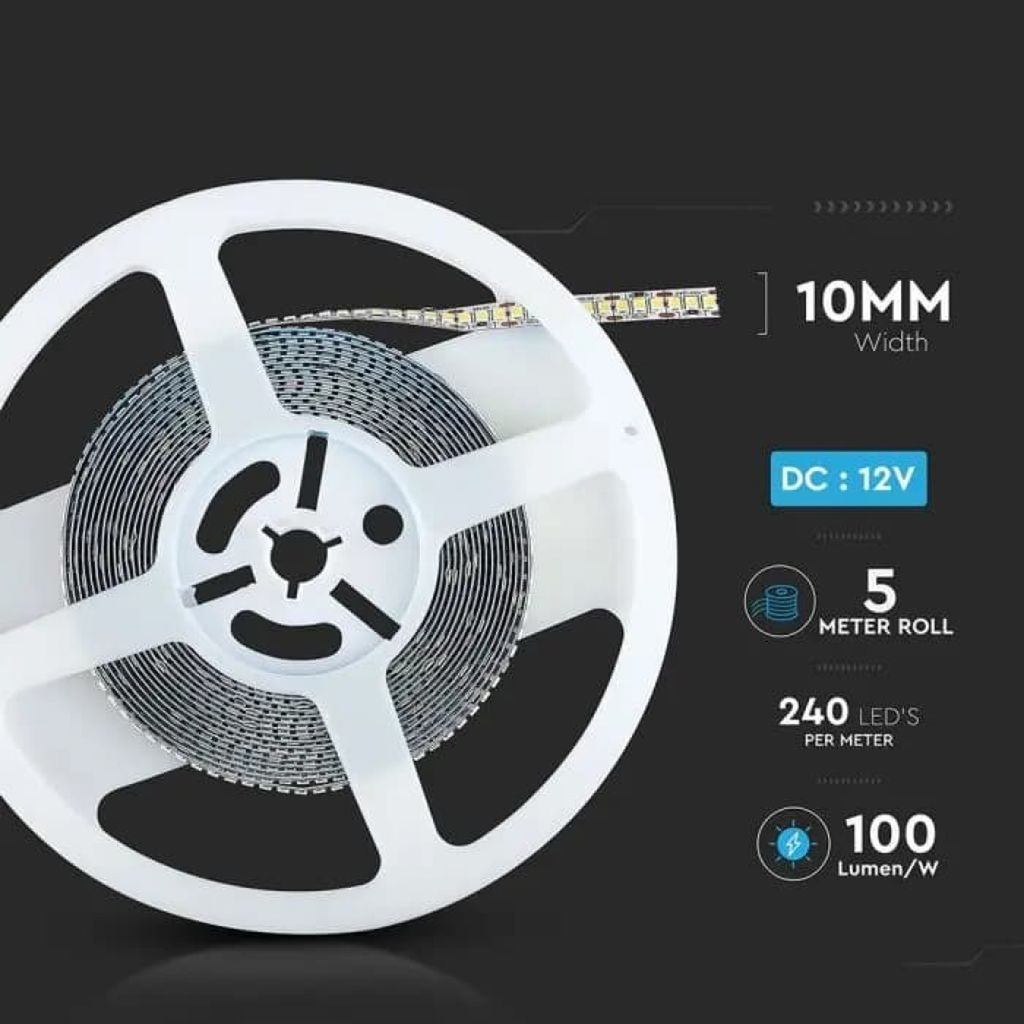 Striscia LED V-TAC SMD 2835 12V, 20W/m 240 LED/m, 5m IP20 passo 10mm - BL1812C