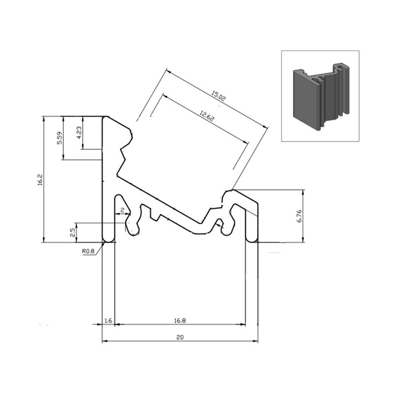 2 Metri Profilo Barra Alluminio Angolare 30/60 Gradi Colore Bianco 20X16mm Interno 12mm