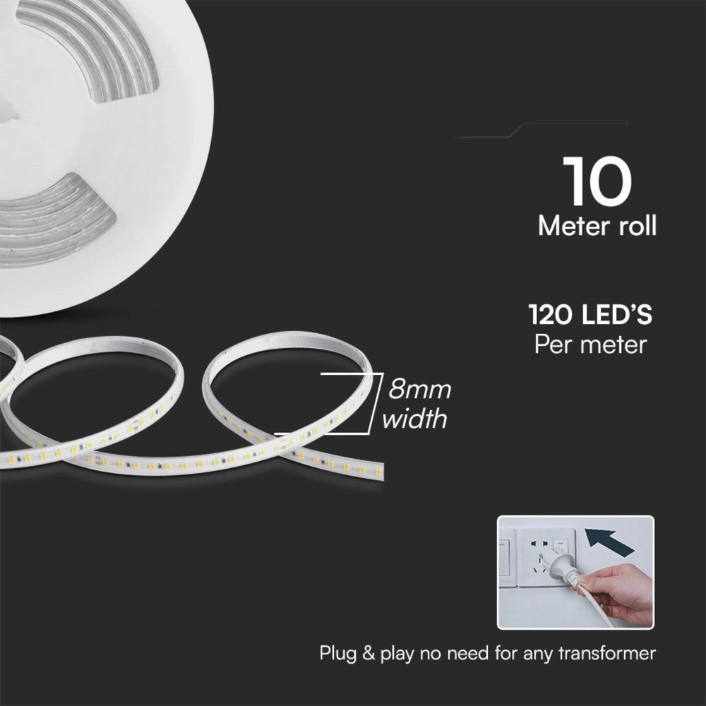 Striscia LED SMD 2835 220V 11W/m IP65, Bobina 10m con Spina Schuko - SL23727