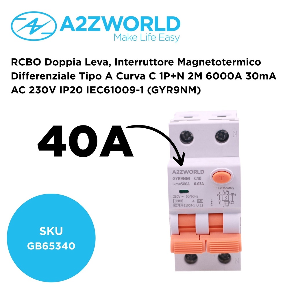 RCBO Doppia Leva, Interruttore Magnetotermico Differenziale Tipo A Curva C 1P+N 2M 6000A 30mA AC 230V IP20 IEC61009-1 GYR9NM, Disponibili 40A 50A 63A - GB65340