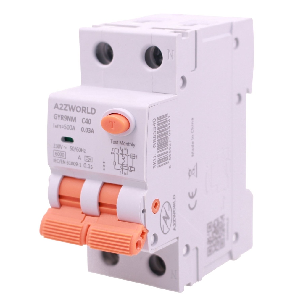 RCBO Doppia Leva, Interruttore Magnetotermico Differenziale Tipo A Curva C 1P+N 2M 6000A 30mA AC 230V IP20 IEC61009-1 GYR9NM, Disponibili 40A 50A 63A - GB65340
