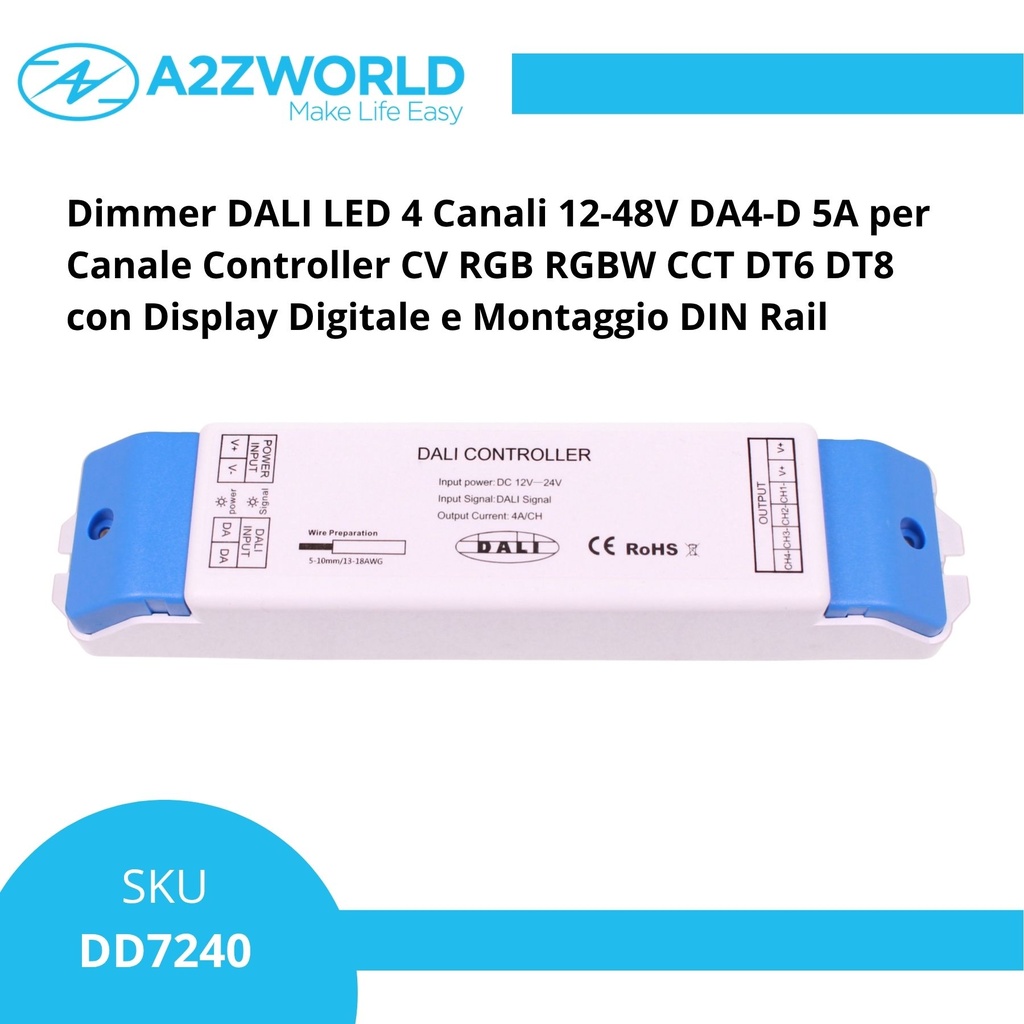 Dimmer DALI LED 4 Canali 12-48V DA4-D 5A per Canale Controller CV RGB RGBW CCT DT6 DT8 con Display Digitale e Montaggio DIN Rail