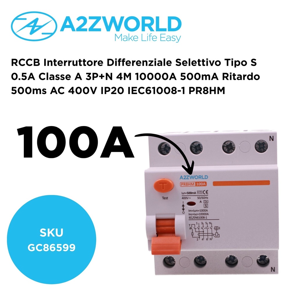 A2ZWORLD RCCB Interruttore Differenziale Selettivo Tipo S 0.5A Classe A 3P+N 4M 10000A 500mA Ritardo 500ms AC 400V IP20 IEC61008-1 PR8HM, Corrente Disponibili 63A 100A
