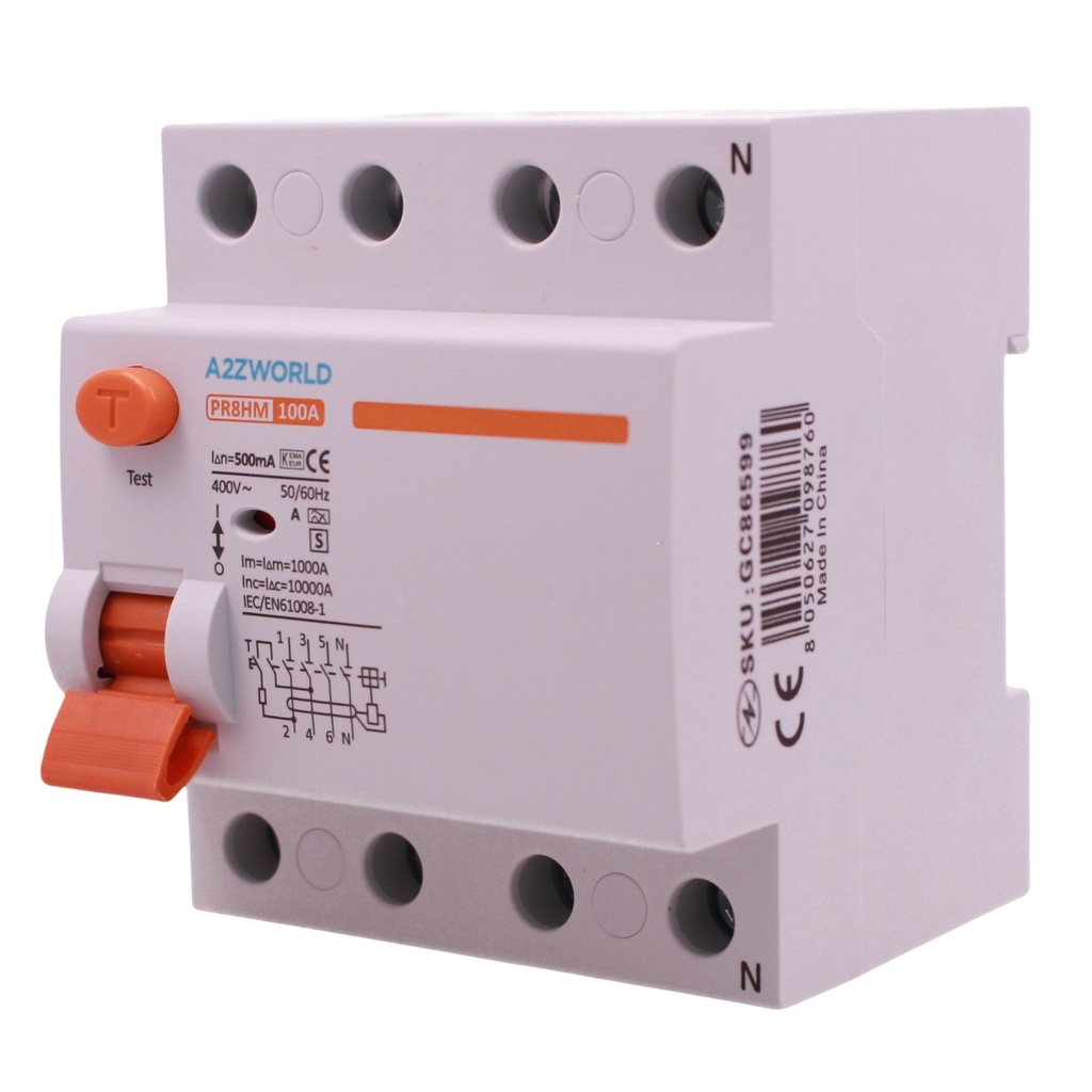 A2ZWORLD RCCB Interruttore Differenziale Selettivo Tipo S 0.5A Classe A 3P+N 4M 10000A 500mA Ritardo 500ms AC 400V IP20 IEC61008-1 PR8HM, Corrente Disponibili 63A 100A