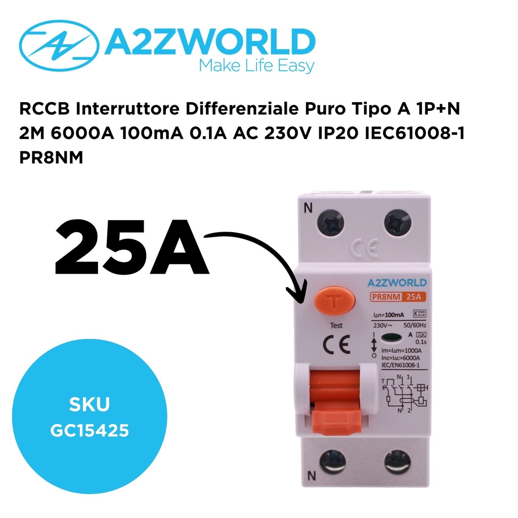 A2ZWORLD RCCB Interruttore Differenziale Puro Tipo A 1P+N 2M 6000A 100mA 0.1A AC 230V IP20 IEC61008-1 PR8NM, Corrente Disponibili 25A 40A 63A - GC15425