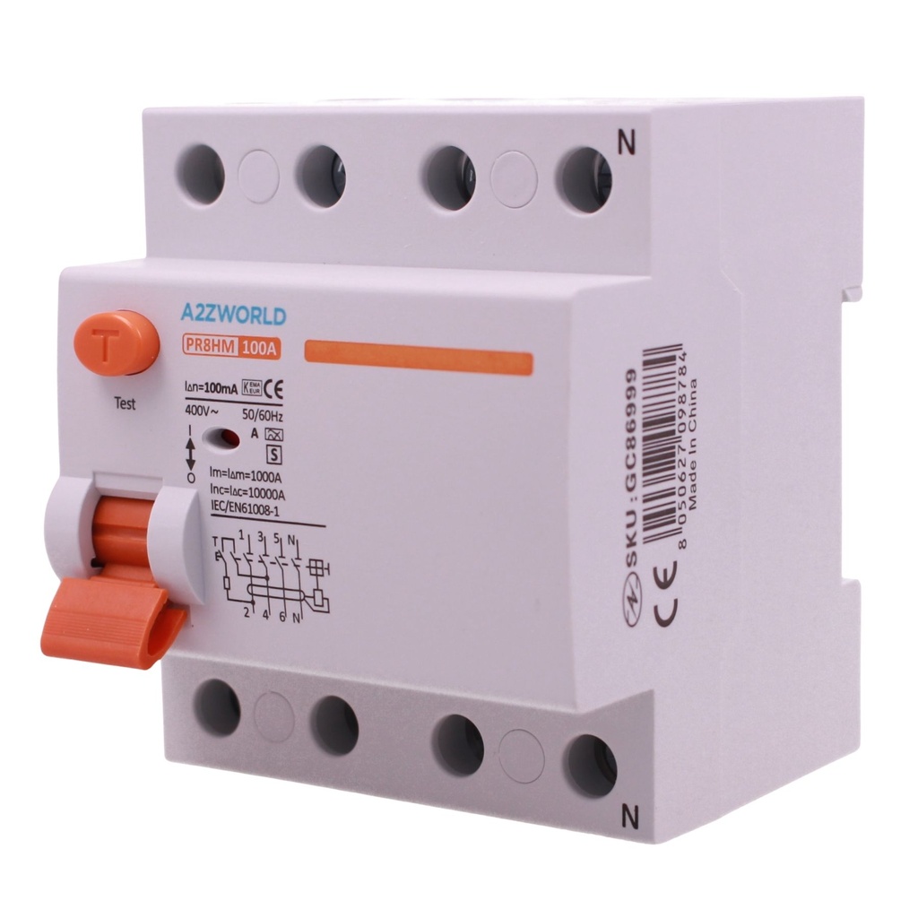 A2ZWORLD RCCB Interruttore Differenziale Selettivo Tipo S 1A Classe A 3P+N 4M 10000A Ritardo 500ms AC 400V IP20 IEC61008-1 PR8HM, Corrente Disponibili 63A 100A - GC86999