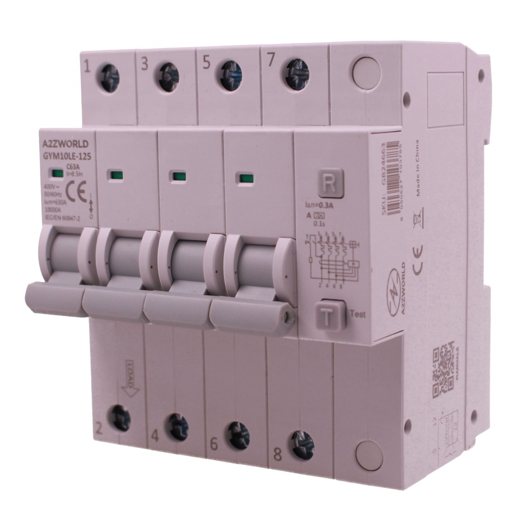 A2ZWORLD RCBO Interruttore Magnetotermico Differenziale con Doppia Leva Tipo A Curva C 4P 4M 10kA 300mA, Diagnostica Visiva, AC 400V IP20 GYM10LE-125, Disponibili 63A 80A 100A - GB24663