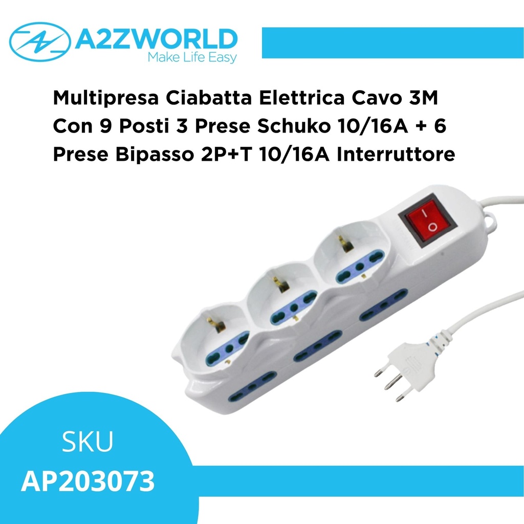 Multipresa Ciabatta Elettrica Cavo 3M Con 9 Posti 3 Prese Schuko 10/16A + 6 Prese Bipasso 2P+T 10/16A Interruttore