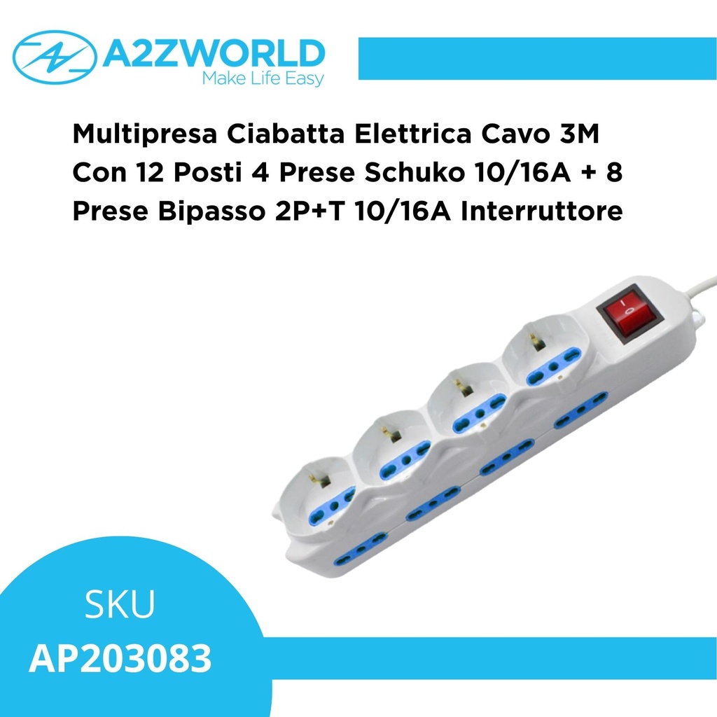 Multipresa Ciabatta Elettrica Cavo 3M Con 12 Posti 4 Prese Schuko 10/16A + 8 Prese Bipasso 2P+T 10/16A Interruttore