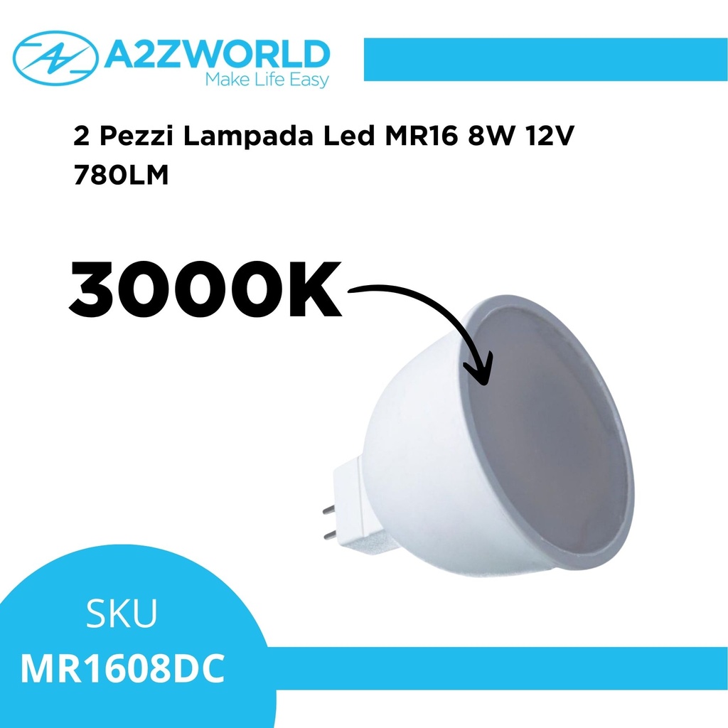 2 Pezzi Lampada Led MR16 8W 12V 780LM, Disponibili 3000K 4200K 6500K - MR1608DC