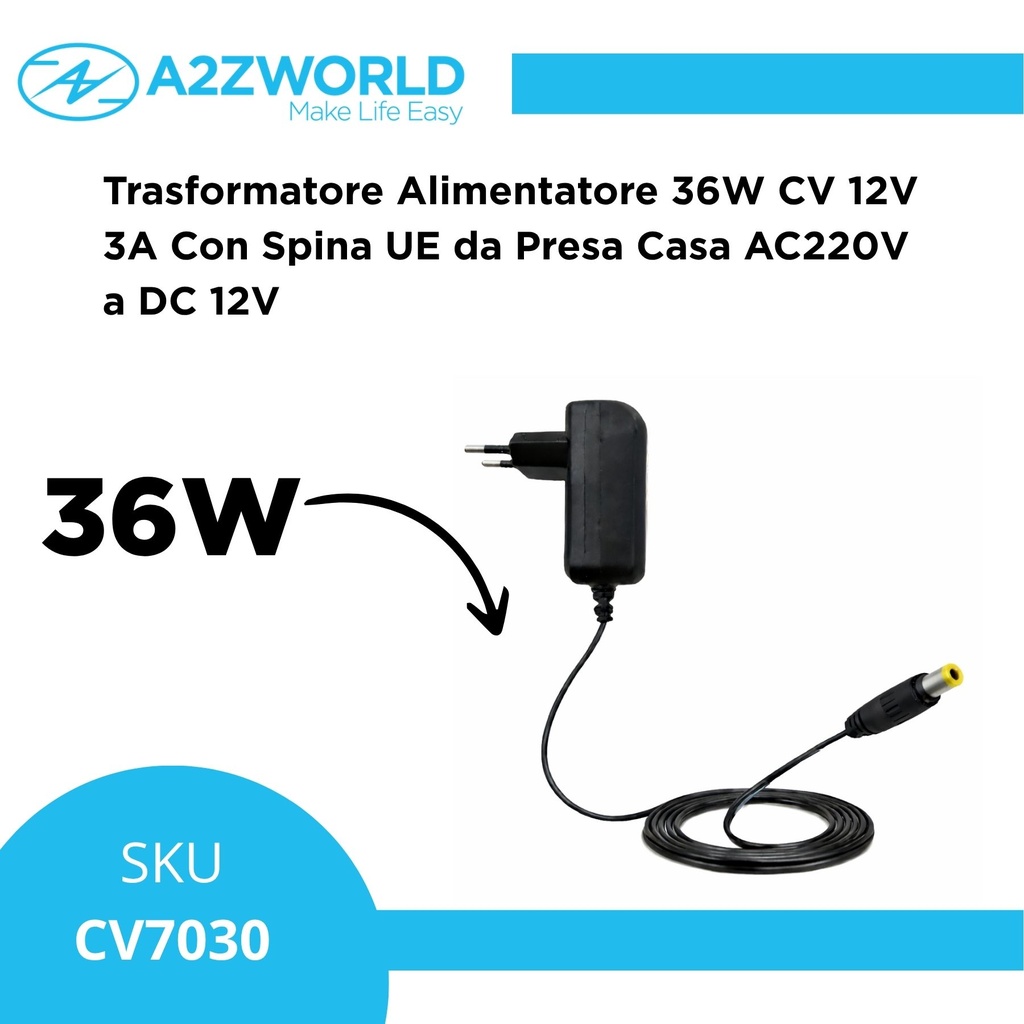 Trasformatore Alimentatore 36W CV 12V 3A Con Spina UE da Presa Casa AC220V a DC 12V