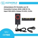 Alimentatore Universale Laptop 65W, Output 15–20V 3.25A, 10 Connettori