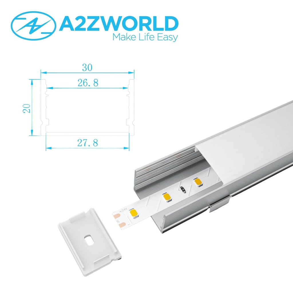Kit Profilo Alluminio Completo Da 2 Metri Per Striscia Led, Super Larga e Alta, Dimensione 30X20mm, Larghezza Interna 25mm, 250g/m, Copertura Opale, Tappi Chiusura e Clip Fissaggio Incluso