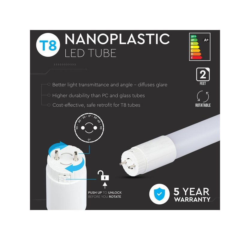 Tubo LED T8 G13 60cm 9W 850lm Nanoplastica non Ruotabile, Disponibili 3000K 4000K 6500K - TL8060C