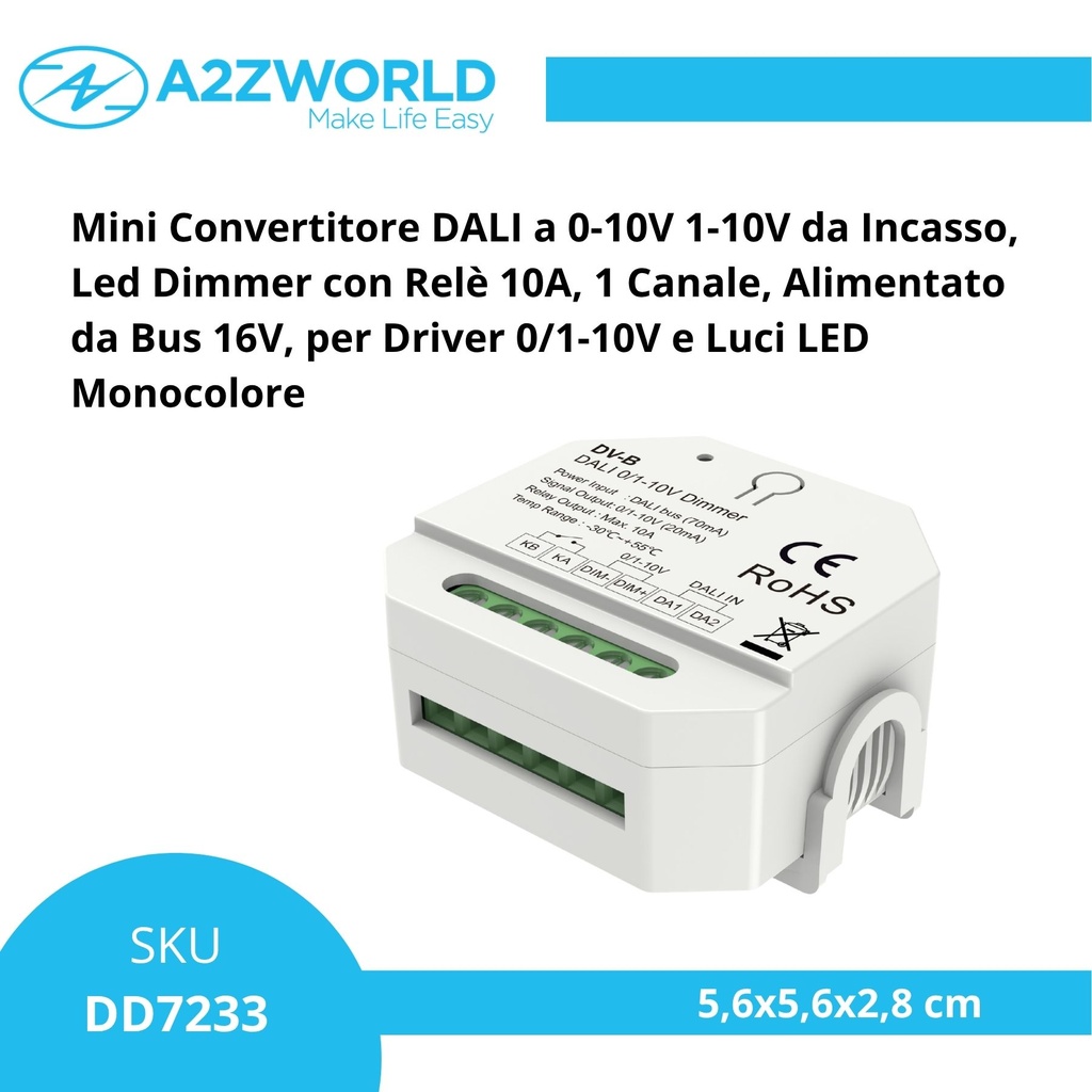 Mini Convertitore DALI a 0-10V 1-10V, Led Dimmer con Relè 10A, 1 Canale, Alimentato da Bus 16V, per Driver 0/1-10V e Luci LED Monocolore, 56X56X28mm da Incasso