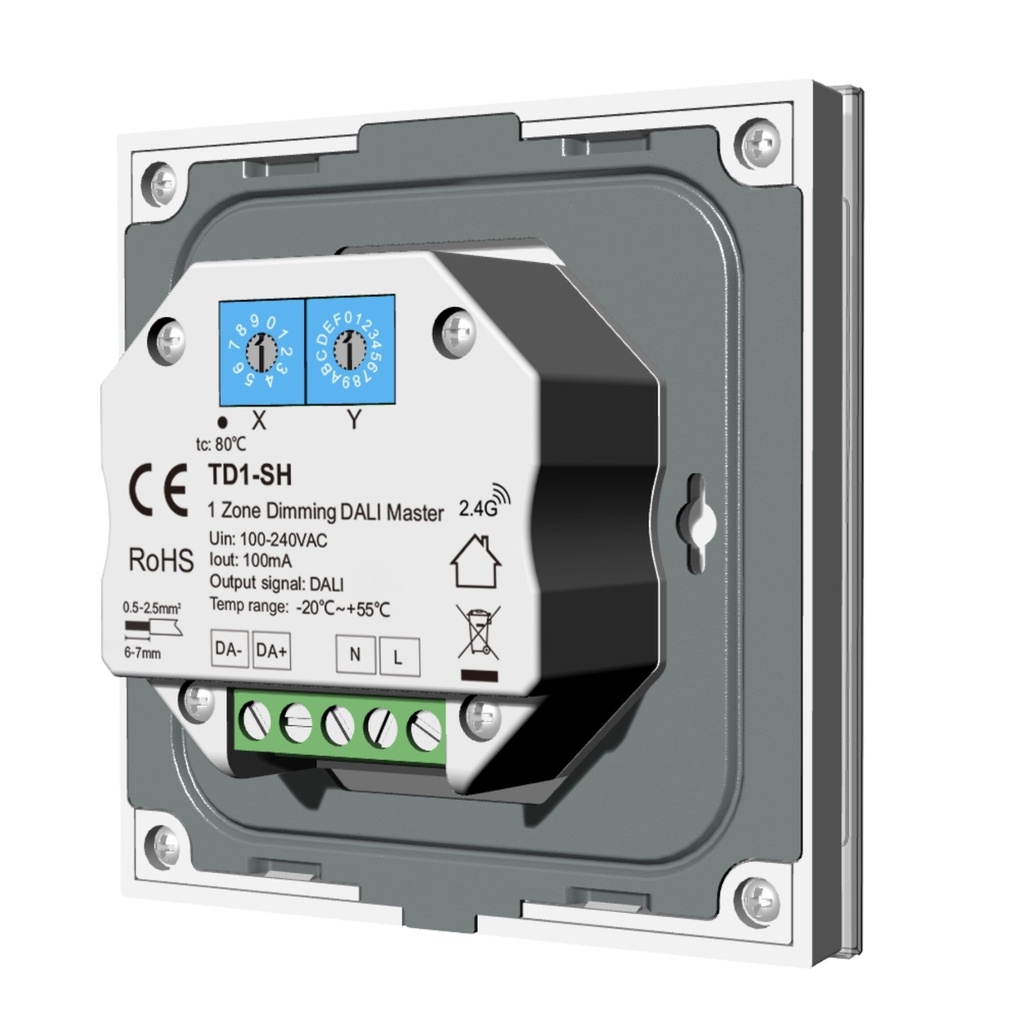 Pannello Touch DALI Bianco, Alimentatore Bus Integrato, 16VDC Max 100mA, 1 Zona 4 Scene, Touch Slider, Per Dimmer DT6, 86X86mm Per Scatola 502