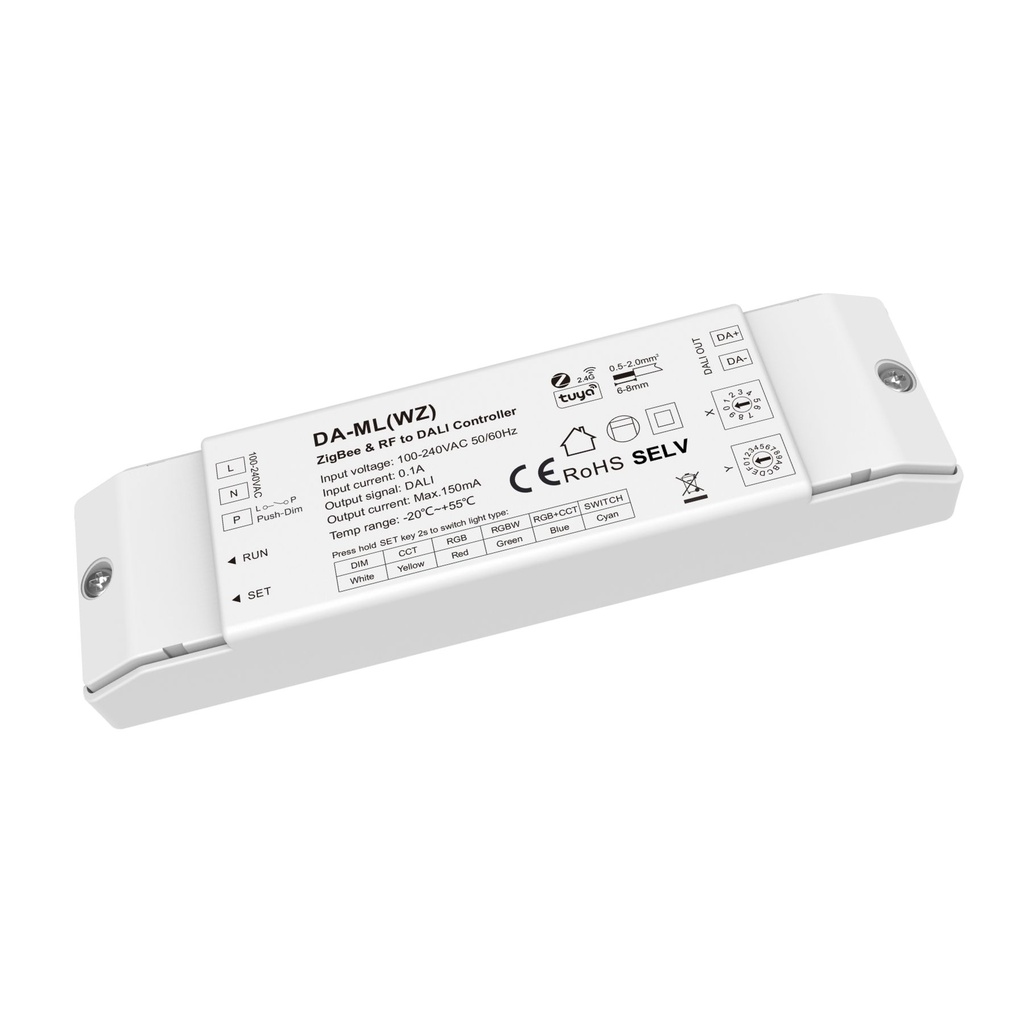 Dimmer DALI ZigBee + RF 2.4GHz, Controller per DIM CCT RGB RGBW RGB+CCT, App Tuya Smart Life, Push Dim, 1 Indirizzo, Uscita 16VDC Max 150mA, Input AC220V