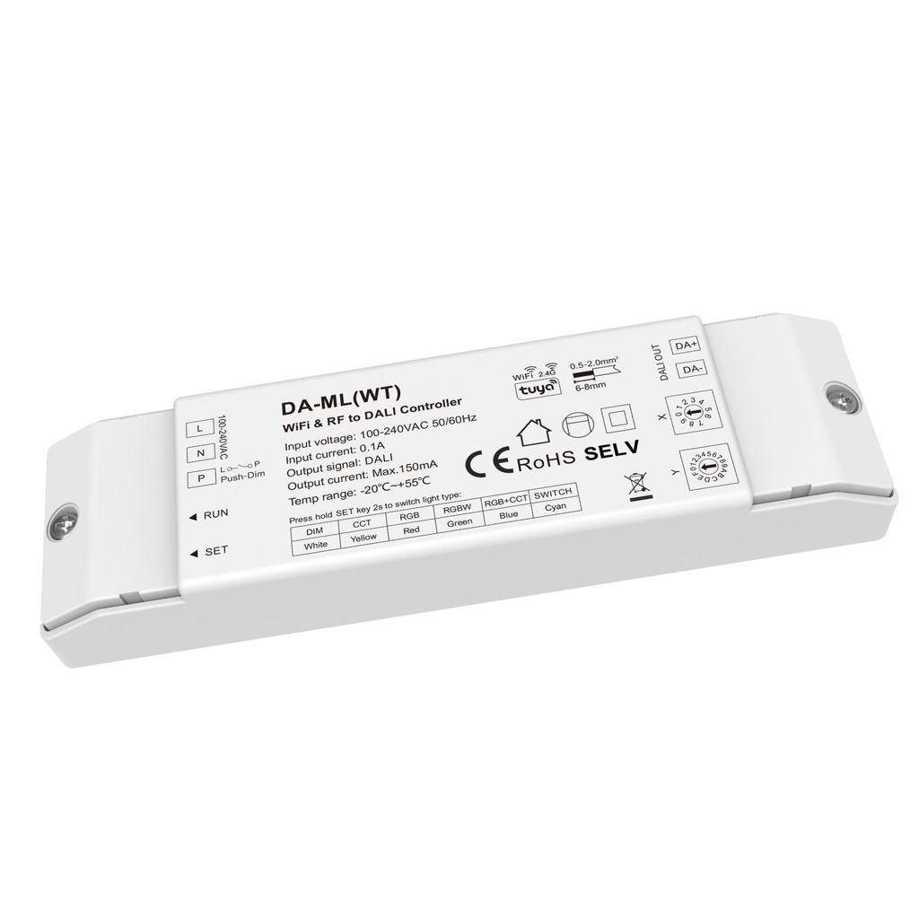 Dimmer DALI WiFi + RF 2.4GHz, Controller per DIM CCT RGB RGBW RGB+CCT, App Tuya Smart Life, Push Dim, 1 Indirizzo, Uscita 16VDC Max 150mA, Input AC220V