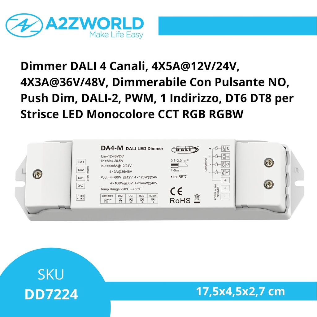 Dimmer DALI 4 Canali, 4X5A@12V/24V, 4X3A@36V/48V, Dimmerabile Con Pulsante NO, Push Dim, DALI-2, PWM, 1 Indirizzo, DT6 DT8 per Strisce LED Monocolore CCT RGB RGBW 
