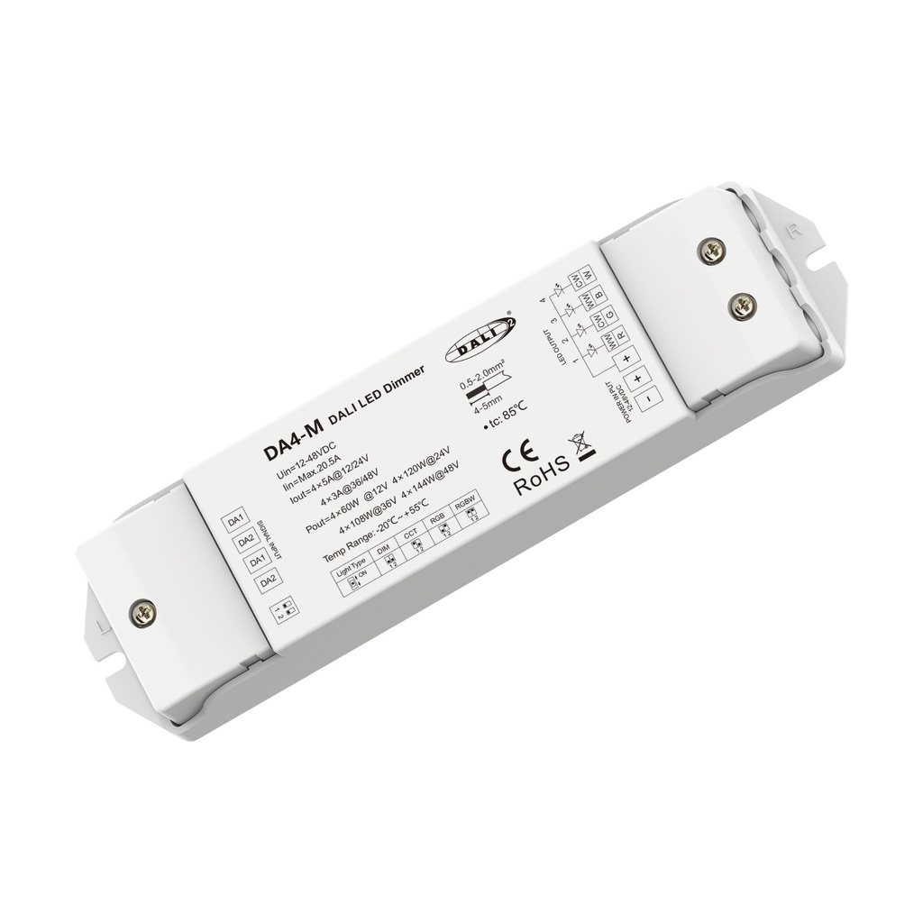 Dimmer DALI 4 Canali, 4X5A@12V/24V, 4X3A@36V/48V, Dimmerabile Con Pulsante NO, Push Dim, DALI-2, PWM, 1 Indirizzo, DT6 DT8 per Strisce LED Monocolore CCT RGB RGBW 