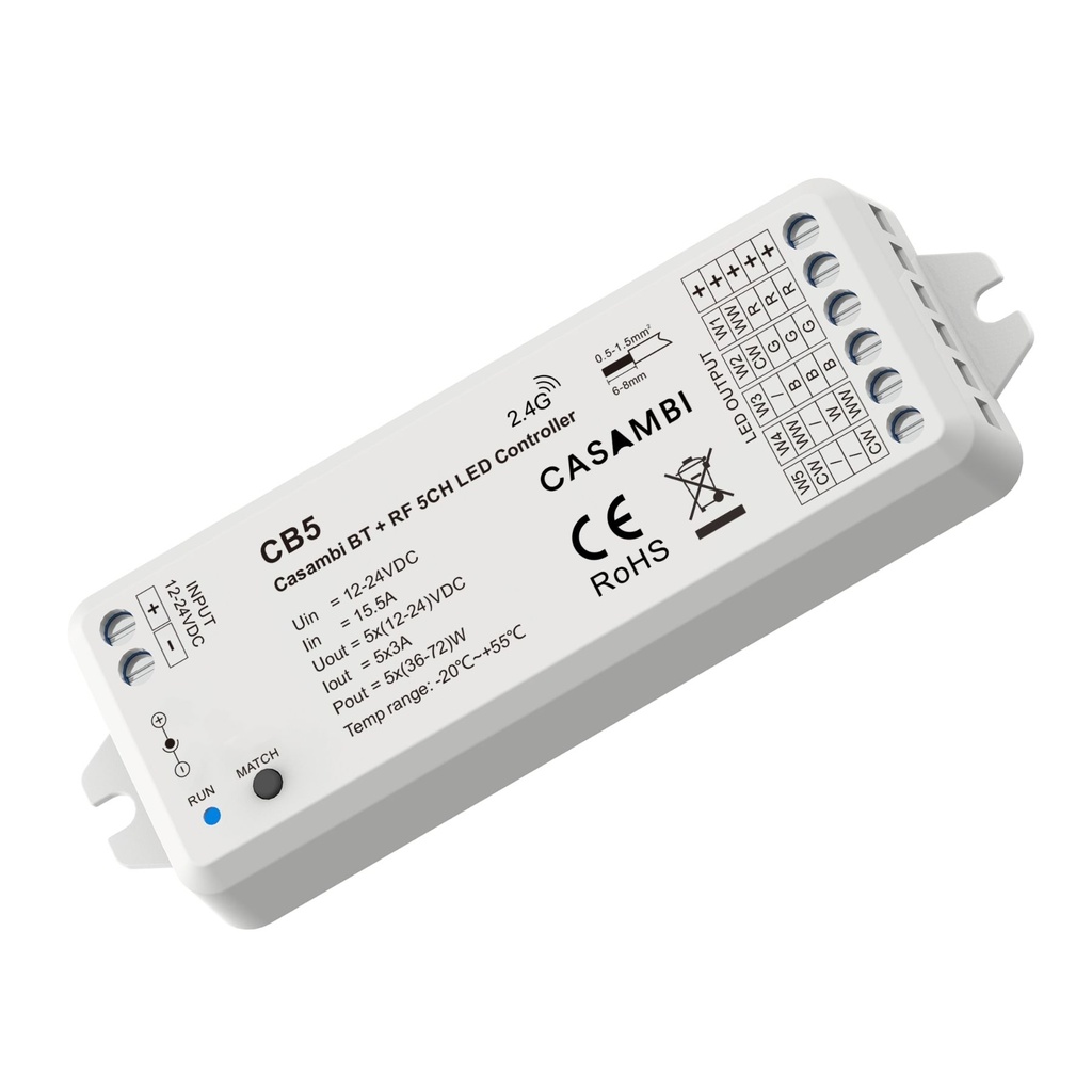 Led Dimmer Bluetooth APP Casambi, Pulsante NO, RF 2.4GHz, 5 in 1 Per Striscia Led Mono Colore CCT RGB RGBW RGB+CCT 12V 24V 5CHX3A, 0-100%