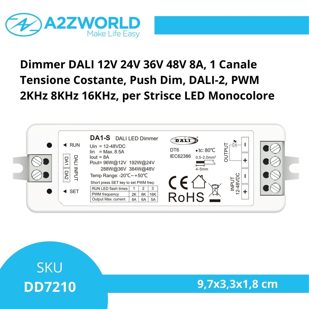 Dimmer DALI 12V 24V 36V 48V 8A, 1 Canale Tensione Costante, Push Dim, DALI-2, PWM 2KHz 8KHz 16KHz, per Strisce LED Monocolore