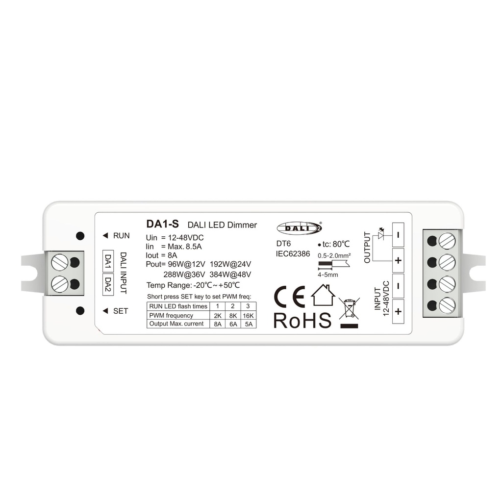 Dimmer DALI 12V 24V 36V 48V 8A, 1 Canale Tensione Costante, Push Dim, DALI-2, PWM 2KHz 8KHz 16KHz, per Strisce LED Monocolore
