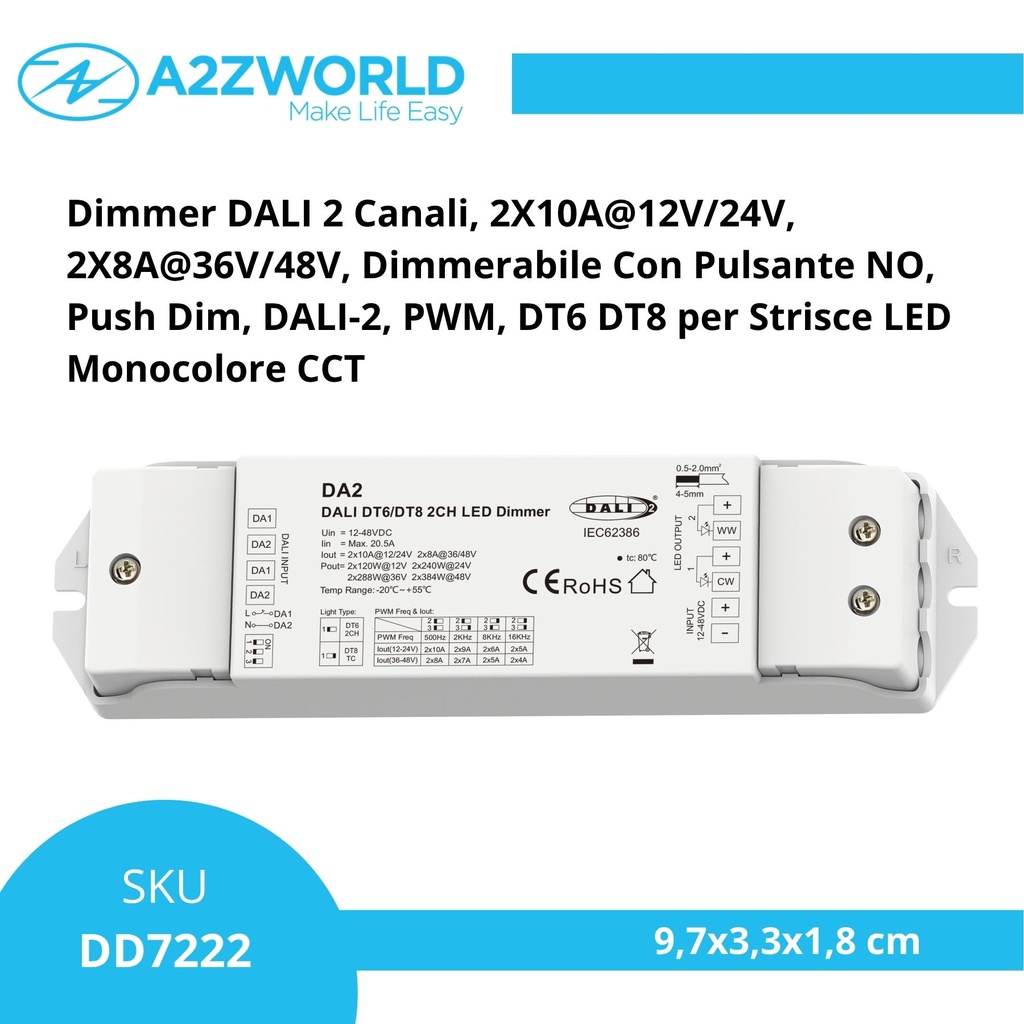 Dimmer DALI 2 Canali, 2X10A@12V/24V, 2X8A@36V/48V, Dimmerabile Con Pulsante NO, Push Dim, DALI-2, PWM, DT6 DT8 per Strisce LED Monocolore CCT