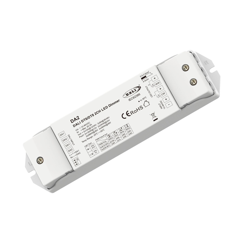 Dimmer DALI 2 Canali, 2X10A@12V/24V, 2X8A@36V/48V, Dimmerabile Con Pulsante NO, Push Dim, DALI-2, PWM, DT6 DT8 per Strisce LED Monocolore CCT