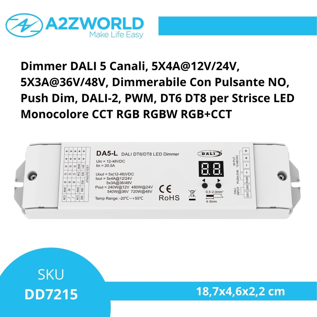 Dimmer DALI 5 Canali, 5X4A@12V/24V, 5X3A@36V/48V, Dimmerabile Con Pulsante NO, Push Dim, DALI-2, PWM, DT6 DT8 per Strisce LED Monocolore CCT RGB RGBW RGB+CCT
