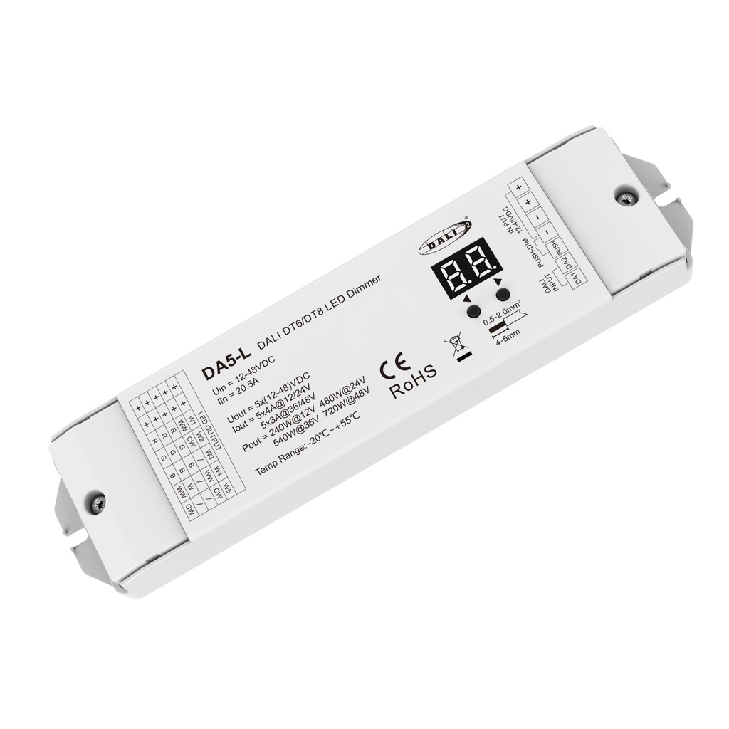 Dimmer DALI 5 Canali, 5X4A@12V/24V, 5X3A@36V/48V, Dimmerabile Con Pulsante NO, Push Dim, DALI-2, PWM, DT6 DT8 per Strisce LED Monocolore CCT RGB RGBW RGB+CCT
