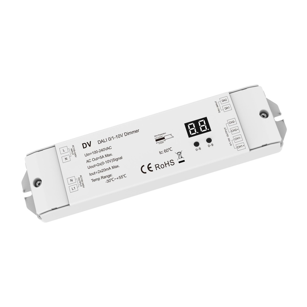 Convertitore DALI a 0-10V 1-10V, 2 Canali con Relè AC Integrato, Display Digitale, Input AC 220V, per Driver 0/1-10V e Luci LED Monocolore