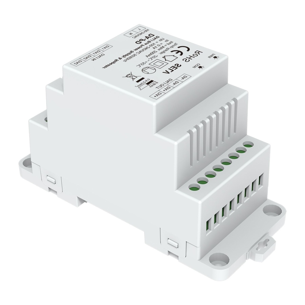 Alimentatore Bus DALI con Ripetitore Integrato, per Guida Barra DIN, AC220V, Uscita Max 200mA 16VDC, Estensione Linea fino a 1200 m, Protezione da Cortocircuito