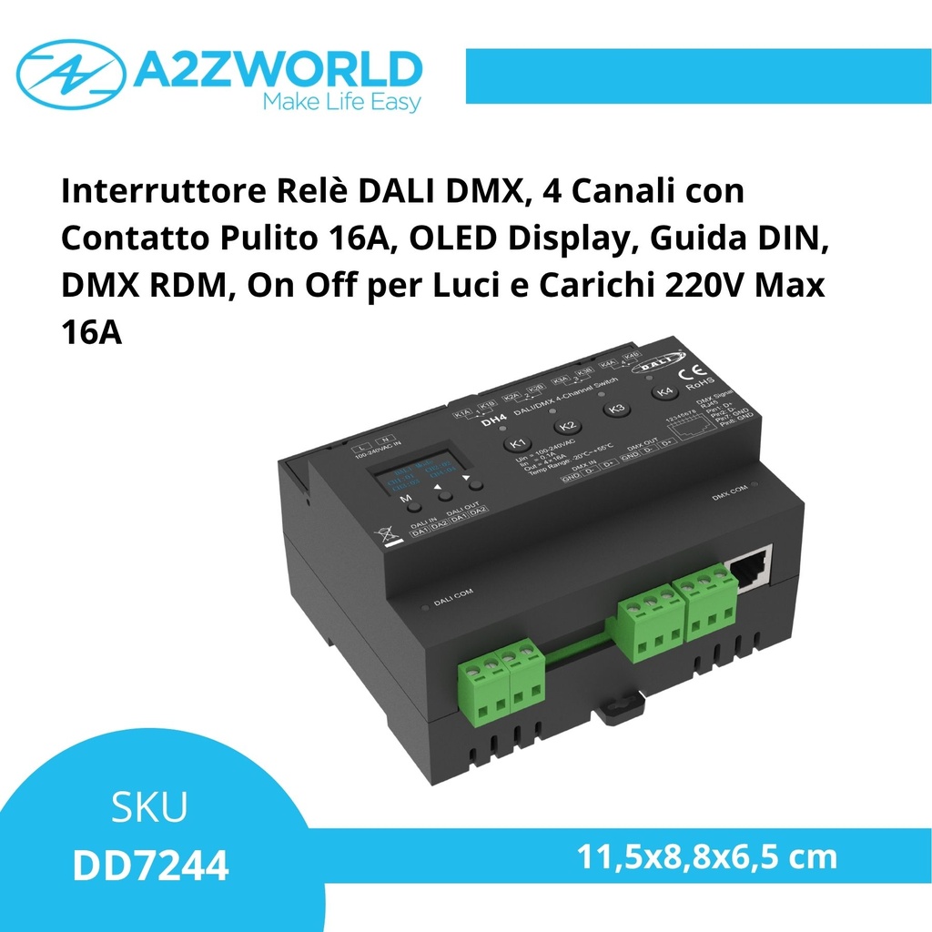 Interruttore Relè DALI DMX, 4 Canali con Contatto Pulito 16A, OLED Display, Guida DIN, DMX RDM, On Off per Luci e Carichi 220V Max 16A