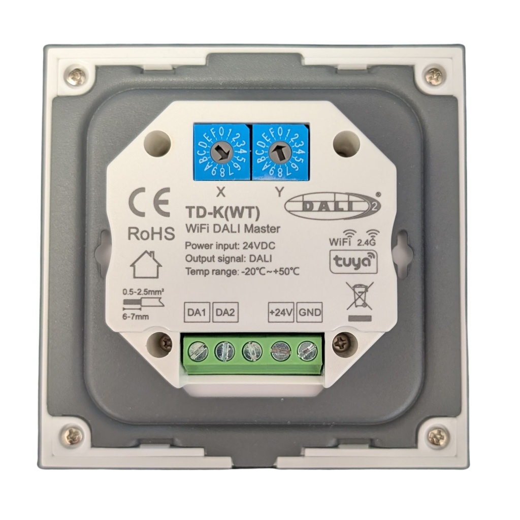 Pannello Rotary DALI WiFi Master, Bianco con Manopola, App Tuya Smart Life, RF 2.4GHz, Alimentazione Bus 16VDC o 24VDC, Per Monocolore CCT RGB RGBW RGB+CCT, 86X86mm
