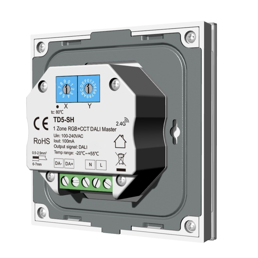 Pannello Touch Master DALI 5 Canali, Alimentatore Bus Integrato, 16VDC Max 100mA, 1 Zona 4 Scene, Touch Slider, 5 In 1 Per DIM CCT RGB RGBW RGB+CCT, 86X86mm Per Scatola 502