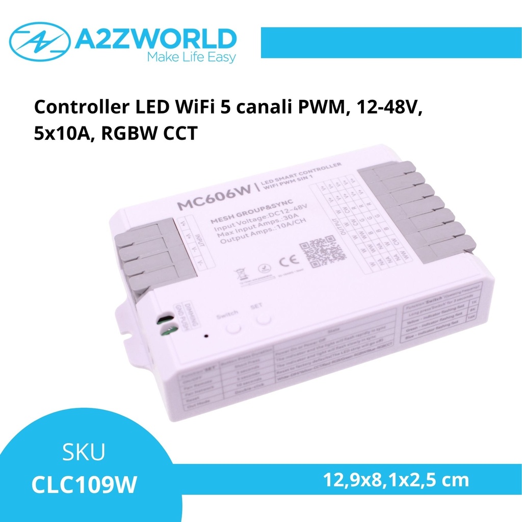 Controller LED WiFi 5 canali PWM, 12-48V, 5x10A, RGBW CCT