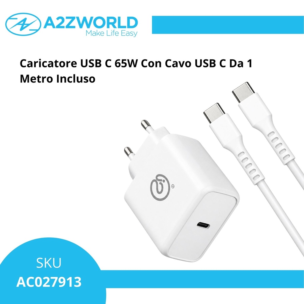 Caricatore USB C 65W Con Cavo USB C Da 1 Metro Incluso
