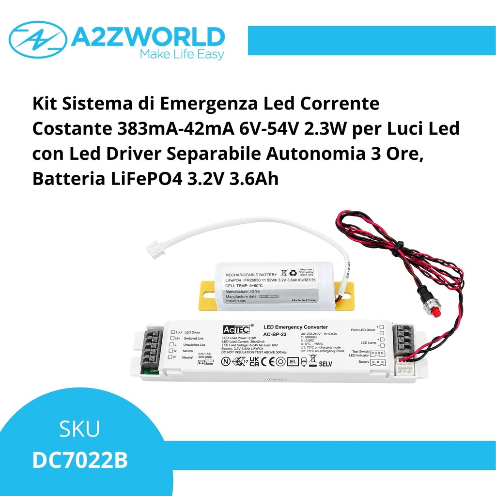 Kit Sistema Di Emergenza Led Corrente Costante 383mA-42mA 6V-54V 2.3W Per Luci Led Con Led Driver Separabile Autonomia 3 Ore, Batteria LiFePO4 3.2V 3.6Ah