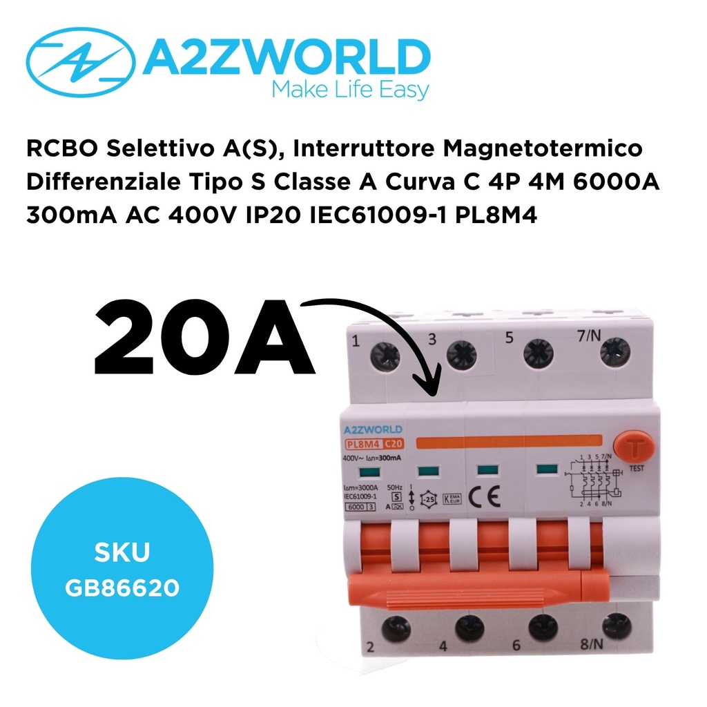 A2ZWORLD RCBO Selettivo A(S), Interruttore Magnetotermico Differenziale Tipo S Classe A Curva C 4P 4M 6000A 300mA AC 400V IP20 IEC61009-1 PL8M4, Corrente Disponibili 20A 25A 32A 40A - GB86620
