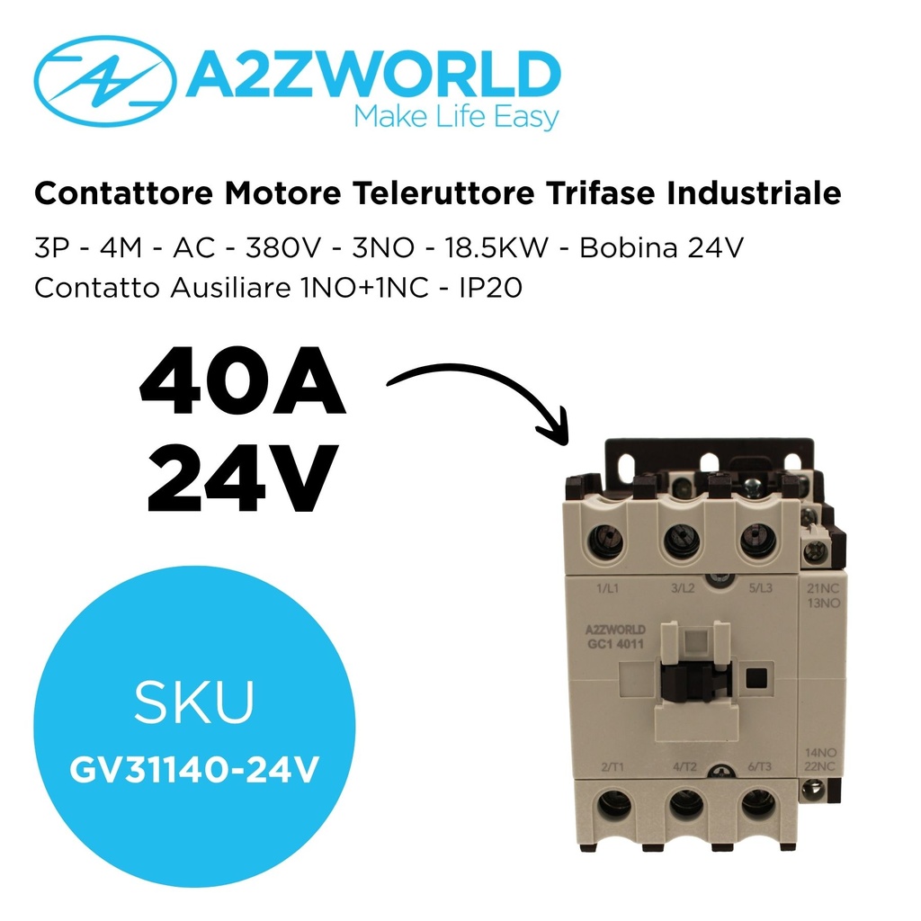 Contattore Motore 3P 4M, Teleruttore Trifase Industriale AC 380V 3NO, Bobina AC 24V, Contatto Ausiliare 1NO+1NC, IP20 - GV31140-24V