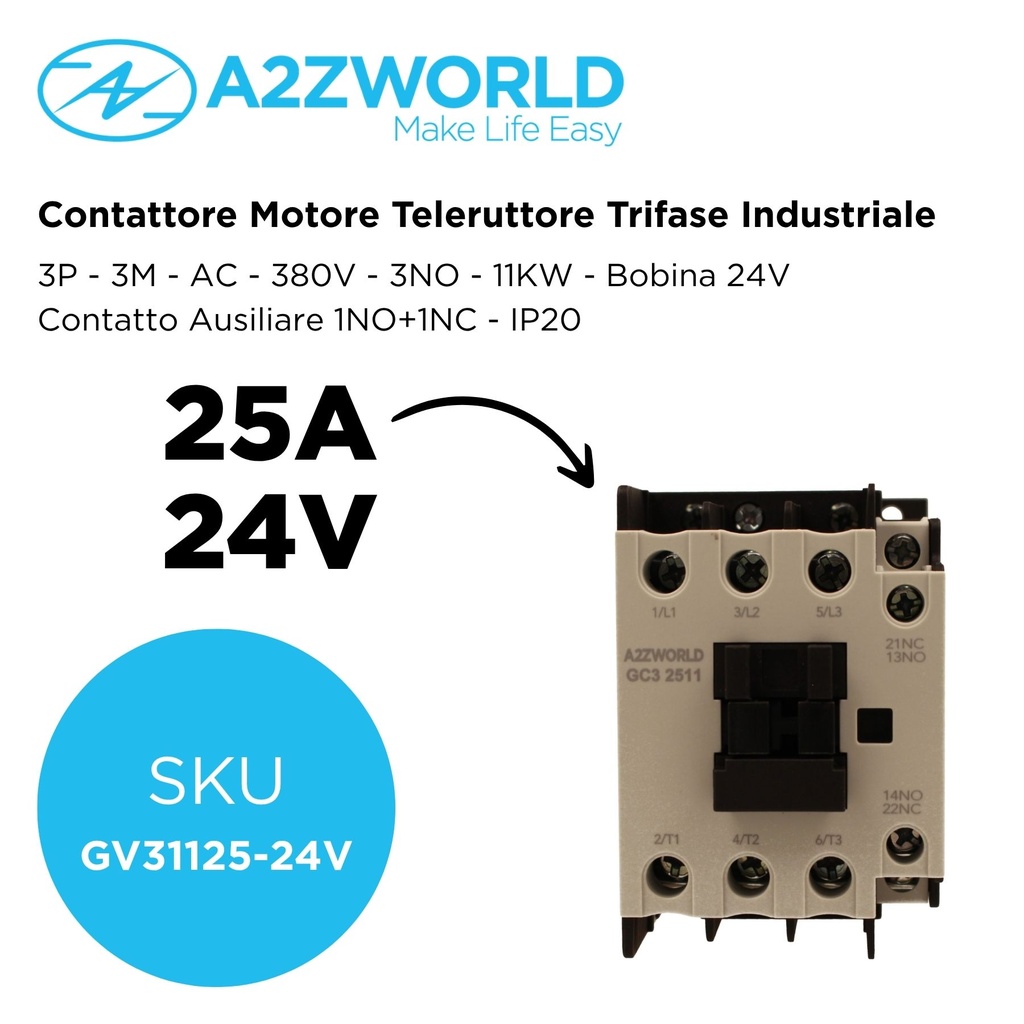 Contattore Motore 3P 3M, Teleruttore Trifase Industriale AC 380V 3NO, Bobina AC 24V, Contatto Ausiliare 1NO+1NC, IP20 - GV31125-24V