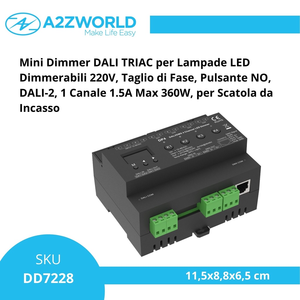 Dimmer DALI DMX Professionale, 4 Canali Guida DIN, OLED Display, 4X12A@12V/24V, 4X10A@36V/48V, DALI-2, DMX512, PWM, 4 Indirizzi, DT6 DT8 per Strisce LED Monocolore CCT RGB RGBW