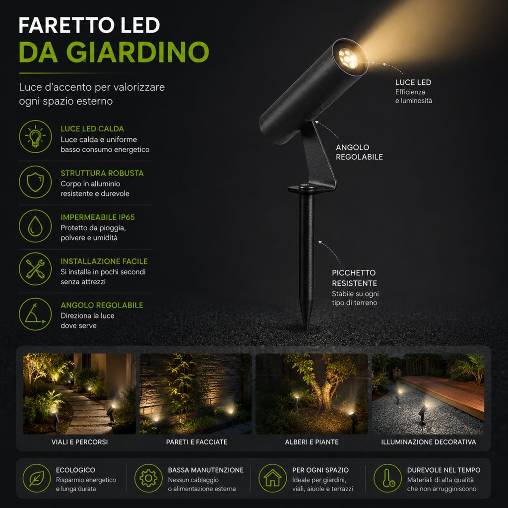 Faretto LED da Giardino con Picchetto 2W, Nero, 3000K, IP65 Orientabile, SKU 24006