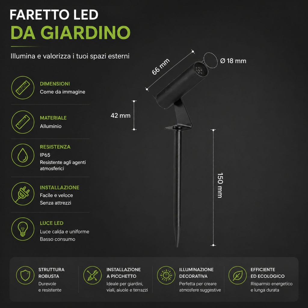 Faretto LED da Giardino con Picchetto 2W, Nero, 3000K, IP65 Orientabile, SKU 24006