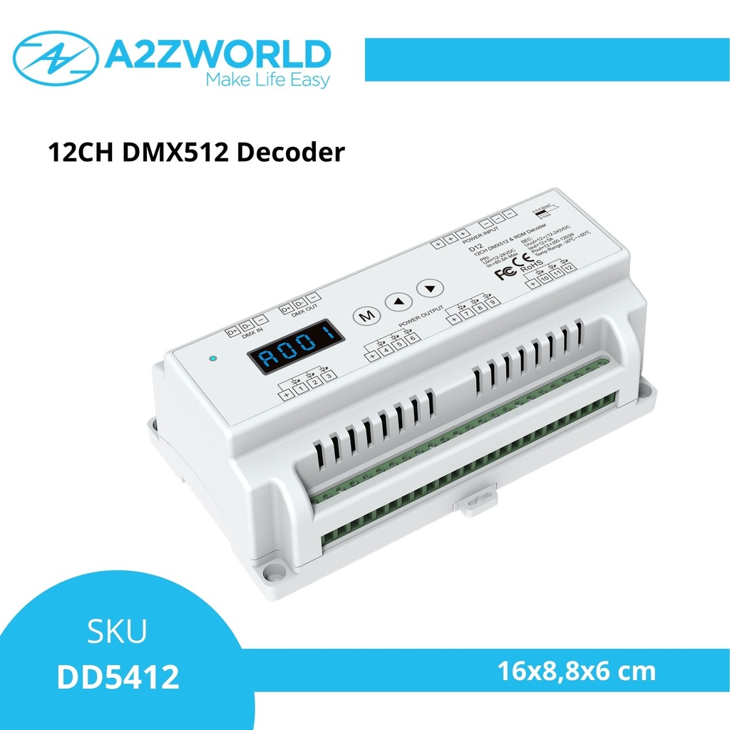 Decoder DMX512 CV 12 Canali, 12-24V DC, 12x5A, RDM, PWM Regolabile