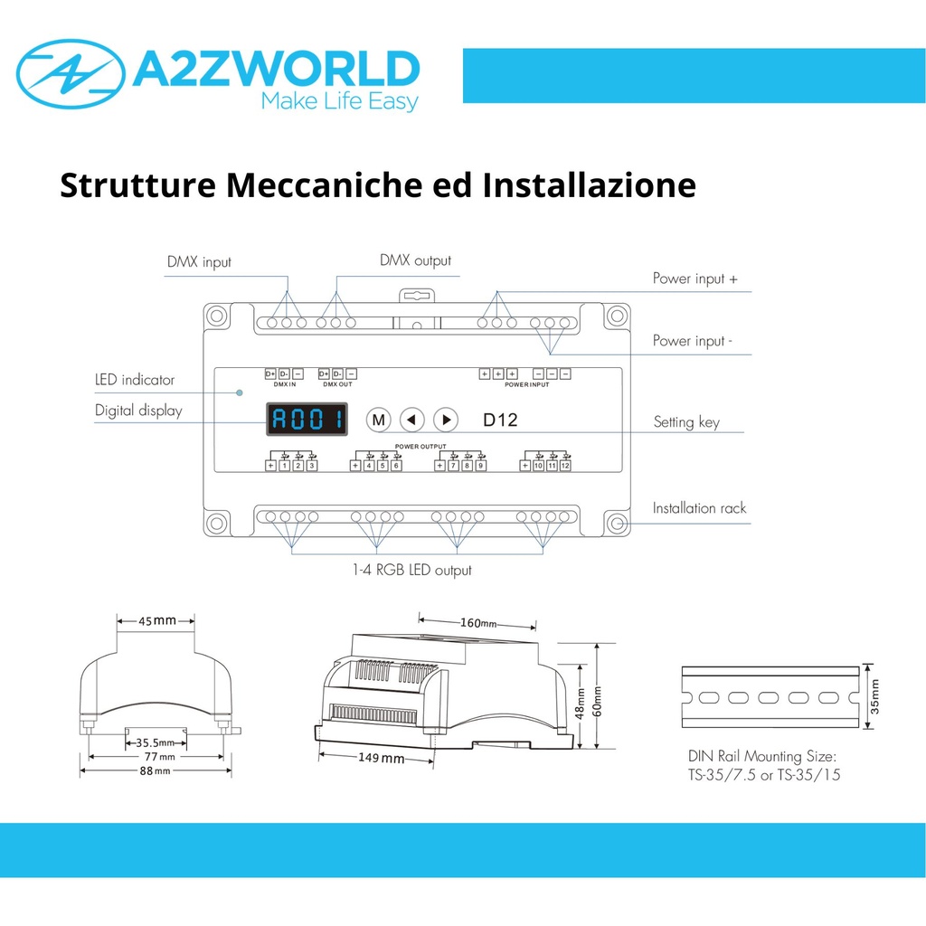 Decoder DMX512 CV 12 Canali, 12-24V DC, 12x5A, RDM, PWM Regolabile