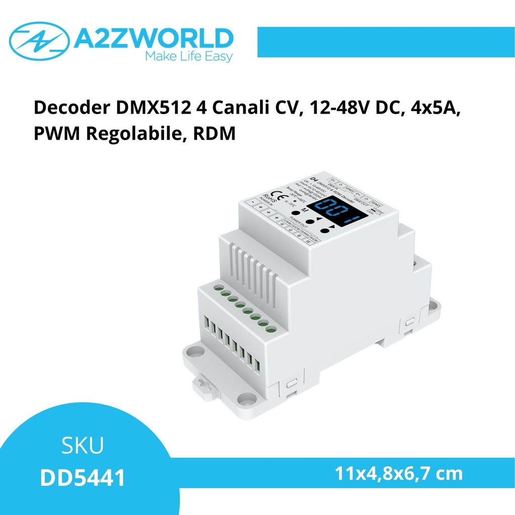Decoder DMX512 4 Canali CV, 12-48V DC, 4x5A, PWM Regolabile, RDM