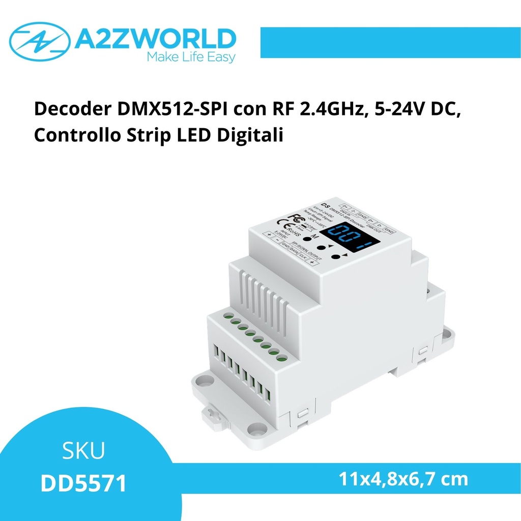 Decoder DMX512-SPI con RF 2.4GHz, 5-24V DC, per Strip LED Digitali RGB/RGBW
